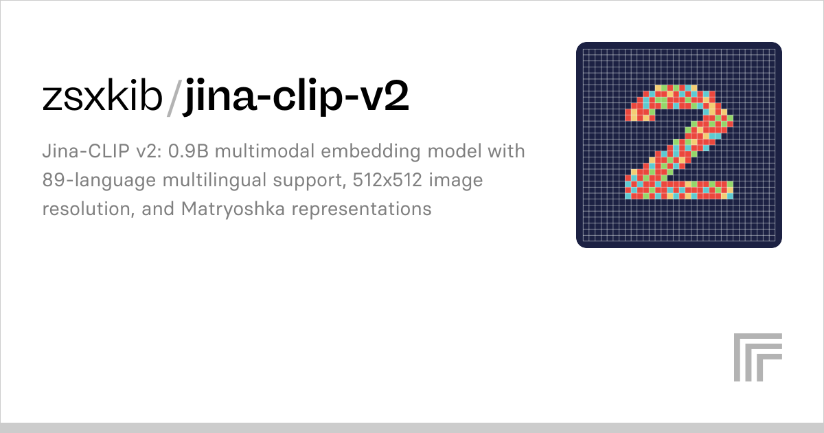 zsxkib / jina-clip-v2 Jina-CLIP v2: 0.9B multimodal embedding model with 89-language multilingual support, 512x512 image resolution, and Matryoshka representations 1.1M runs